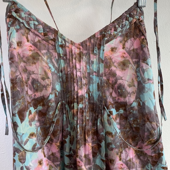 Ecote Abstract Floral Pink and Blue Sundress Pleats, Tie-waist, Pockets! - Picture 3 of 11